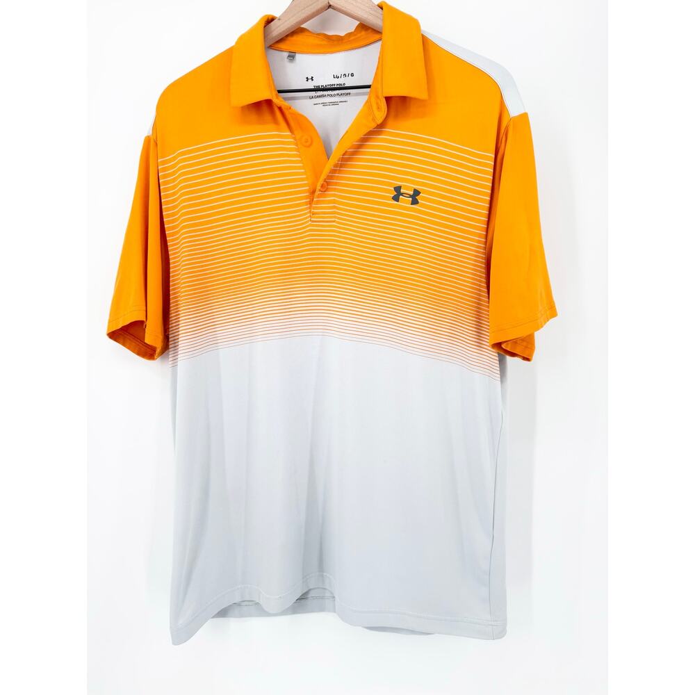 Under Armour Men’s Playoff Polo Large Orange White Striped Gradient Golf Shirt